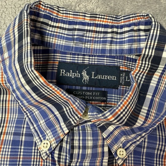 Ralph Lauren Custom Fit Plaid Button Down Short Sleeve Shirt Large Blue White - Picture 4 of 7